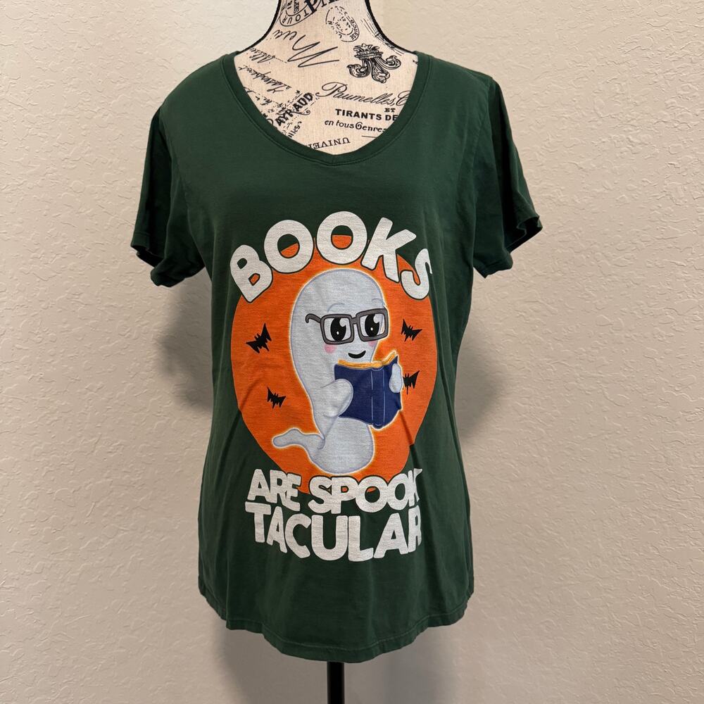 Port & Company Books Are Spooktacular Halloween T-Shirt Womens Large Green Tee - Picture 1 of 9